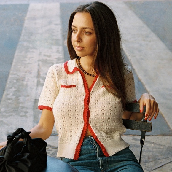 Doen Gloriana Alpaca Silk Collar Crochet Knit Button Sweater Top Moonstone Red - Picture 5 of 14